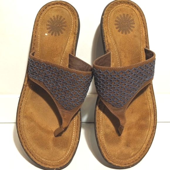UGG Mahala 5105 Leather Suede Sandal Flip Flops Blue Tan Thong Size 9 - Picture 5 of 8